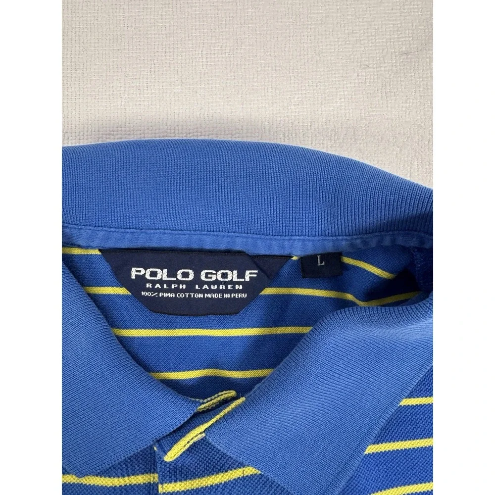 Polo Golf Ralph Lauren Mens Large Blue Yellow Striped Pima Cotton Polo Shirt